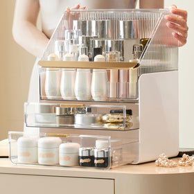 Omeily vanity organizer side profile showing three-tier layout for organized cosmetics.