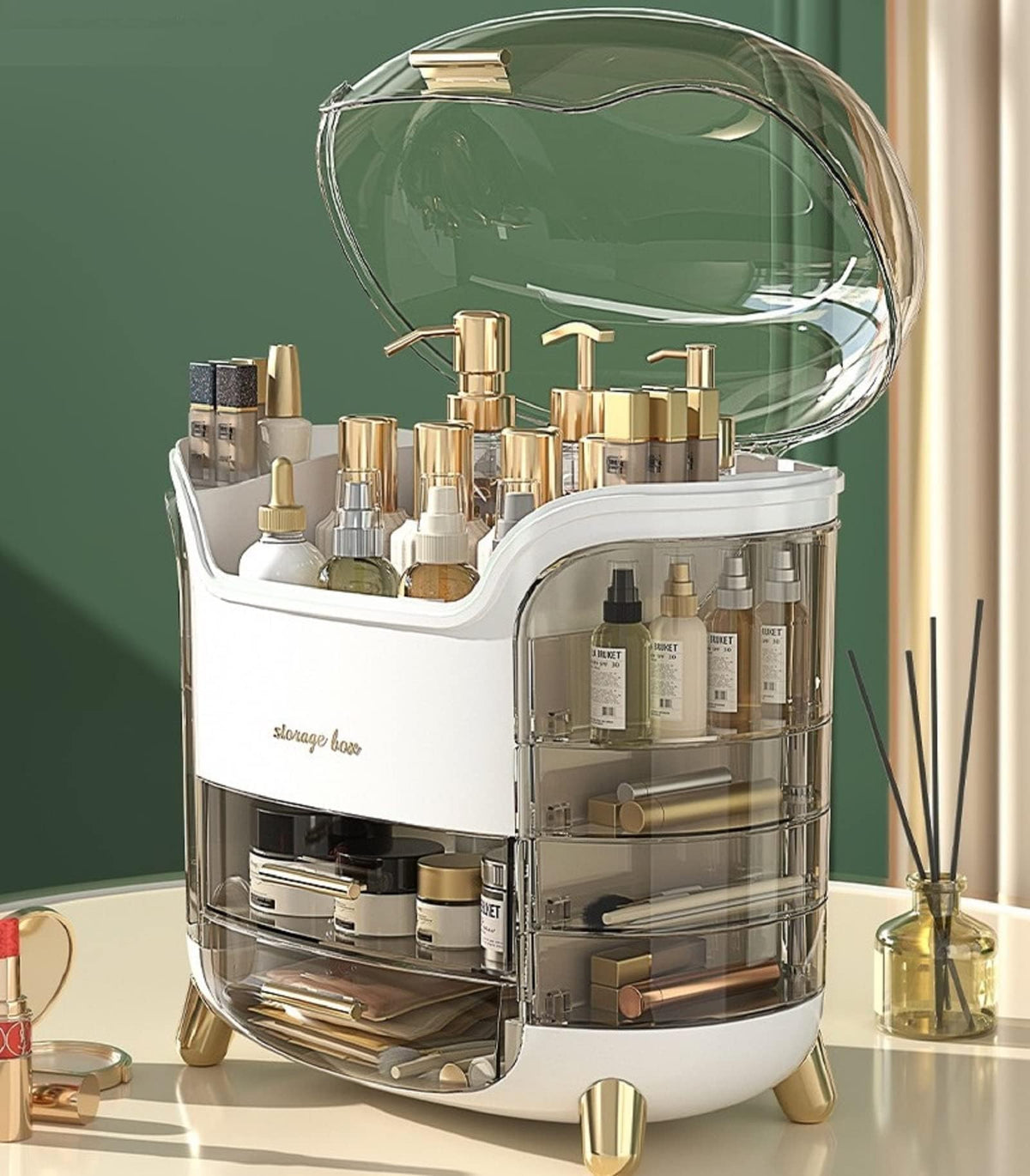 Omeily vanity storage box with 3-layer design efficiently organizes skincare and makeup.
