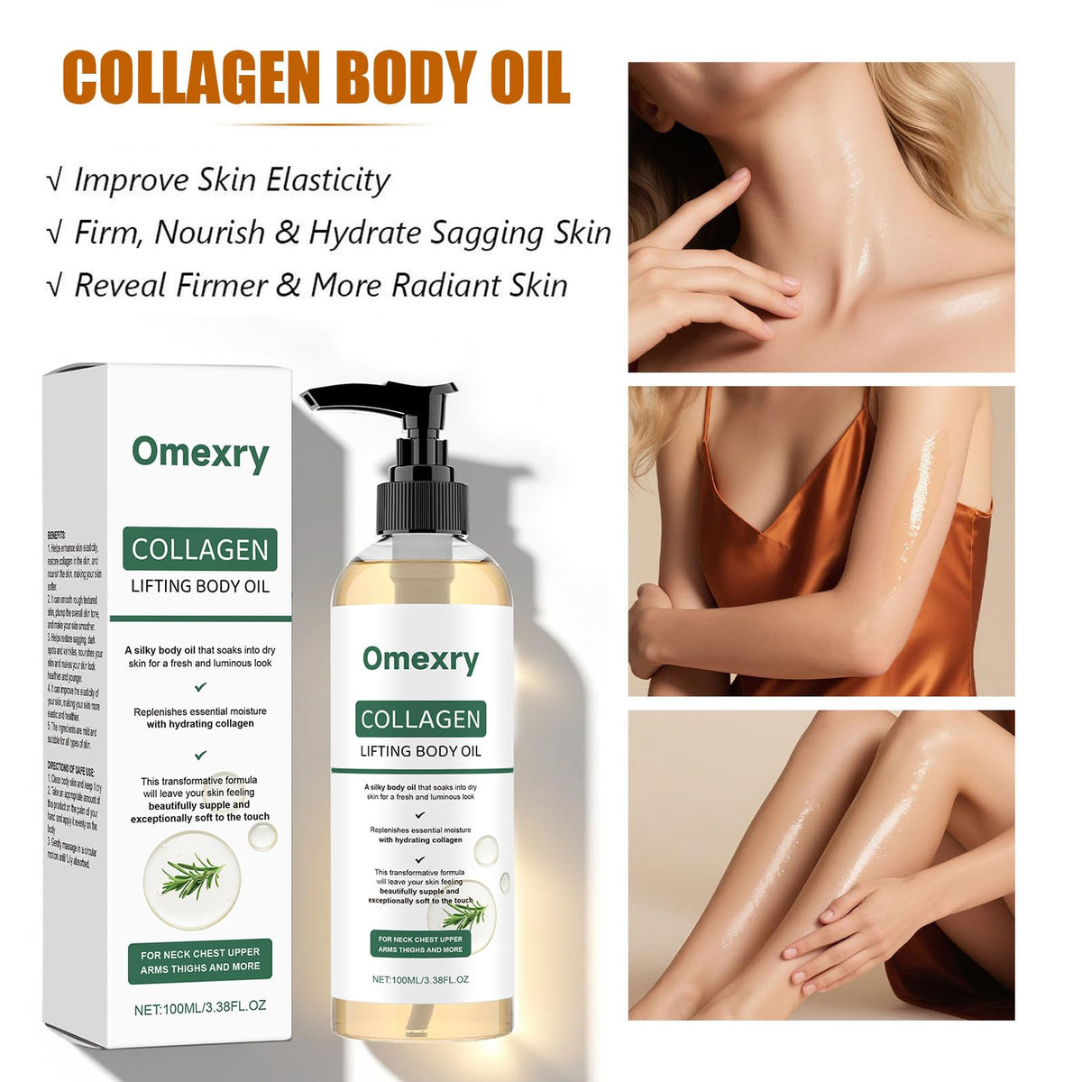 Omexry Collagen Lifting Body Oil after-shower-application: locks in moisture while skin remains damp.