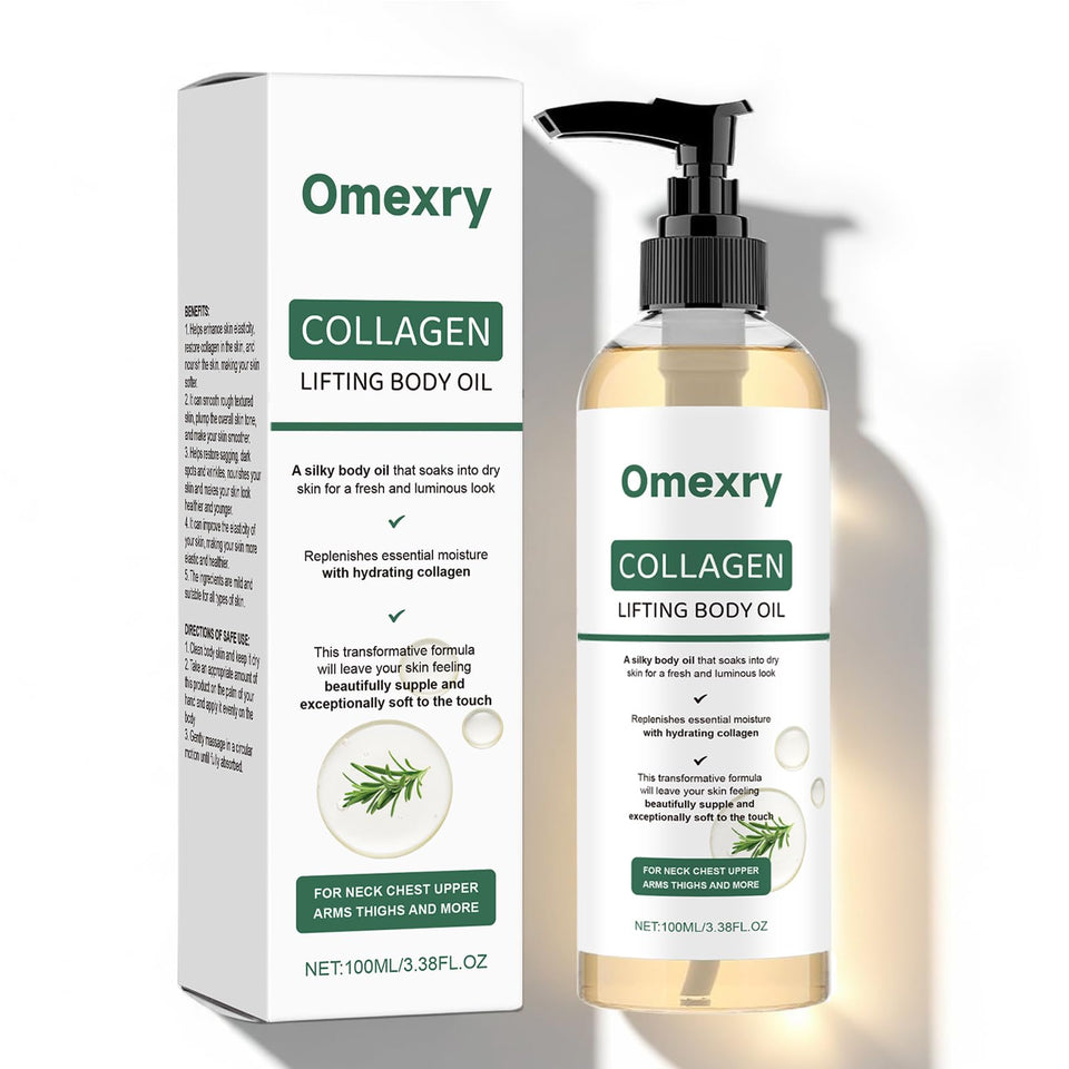 Omexry Collagen Lifting Body Oil bottle-pour: lightweight hydration for refreshed, non-greasy skin.