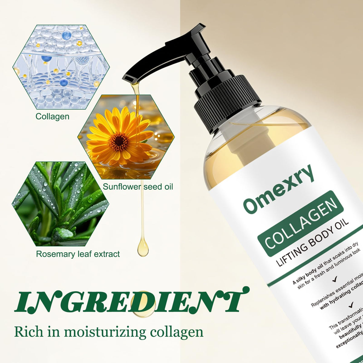 Omexry Collagen Lifting Body Oil dry-oil-skin: non-greasy finish ideal for daily use.