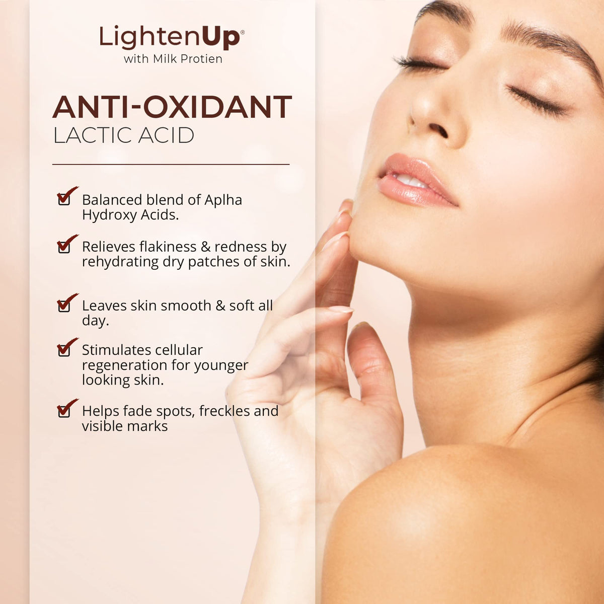 OMIC Lighten-Up serum applied to skin showing a lightweight, silky texture.