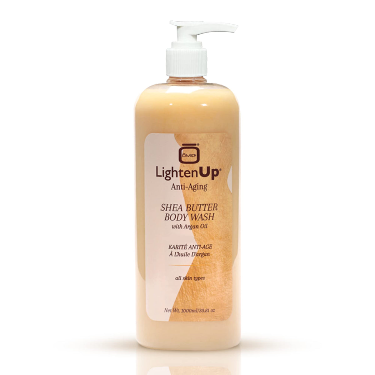 OMIC Lighten-Up bottle front shows anti-aging wash for brighter skin