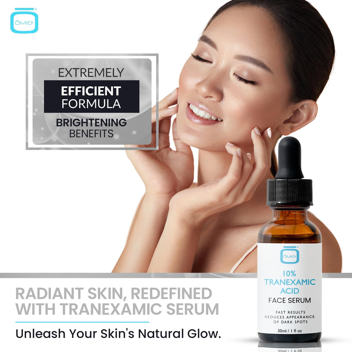 Applying OMIC Tranexamic Acid Serum on the face shows gentle absorption and a natural glow.