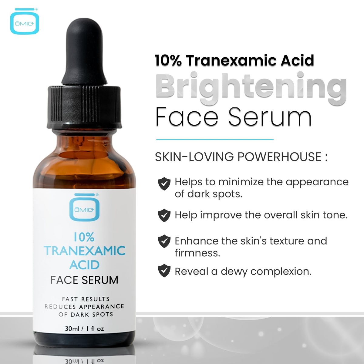 Packaging of OMIC Tranexamic Acid Serum emphasizes clean formula and premium care.