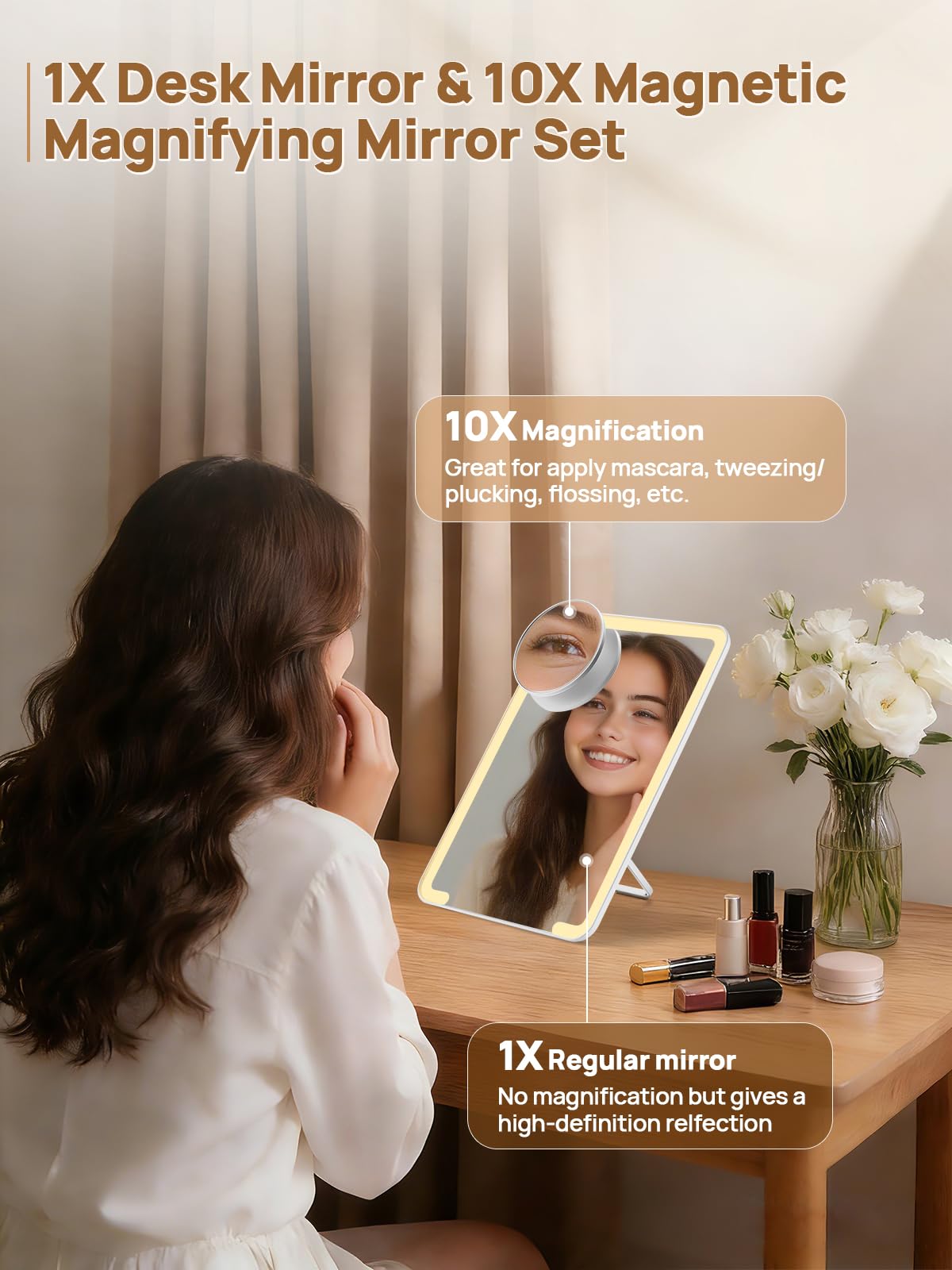OMIRO makeup mirror back slot stores the 10X magnifier neatly when not in use.