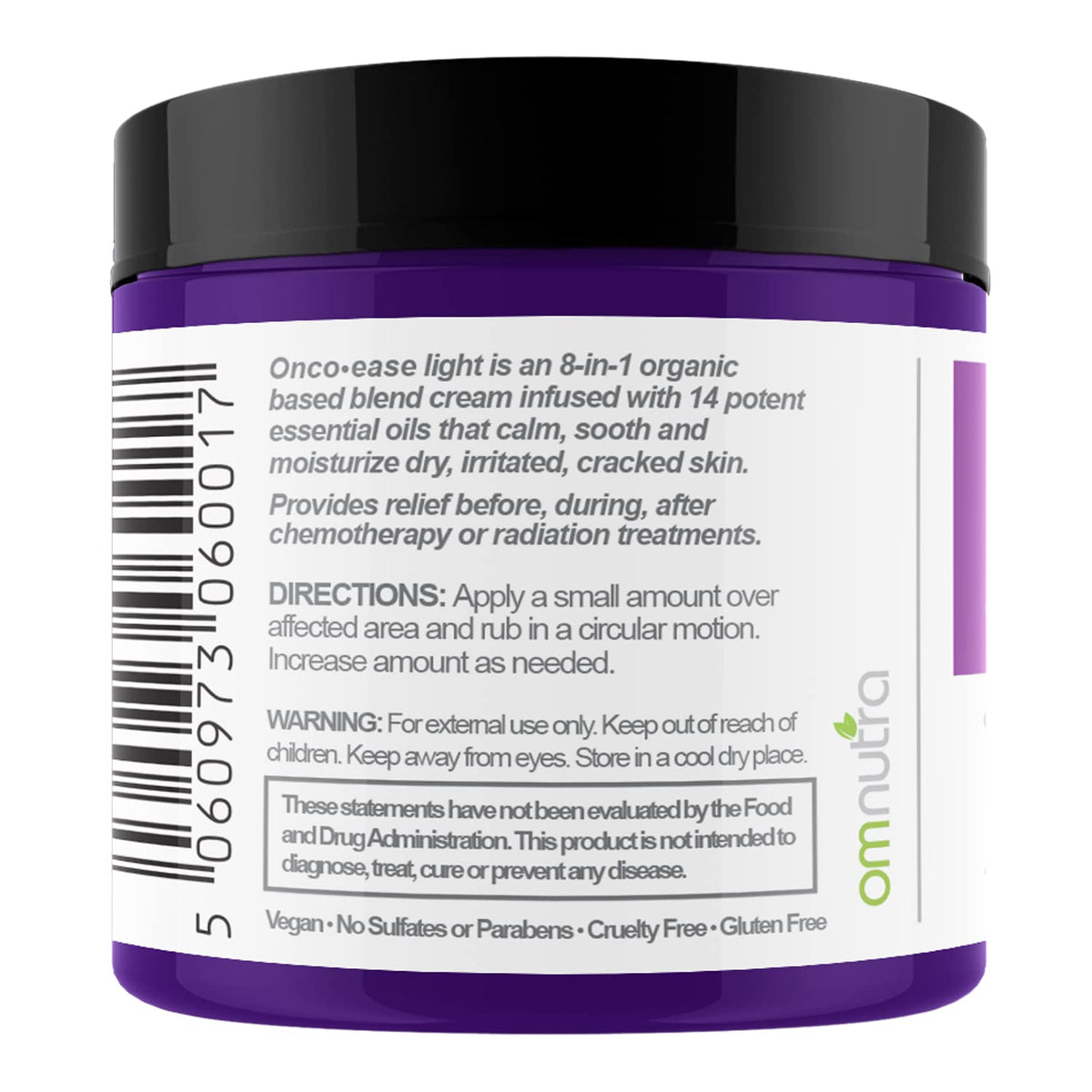 Closeup of OncoEase cream jar highlighting vegan, sulfate-free formula.