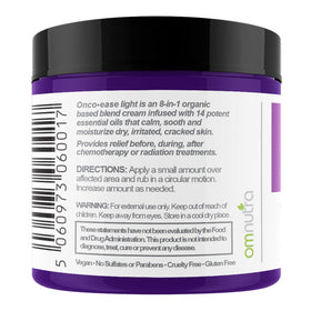 Closeup of OncoEase cream jar highlighting vegan, sulfate-free formula.