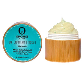 Omorfee Lip Lightening Scrub packaging close-up, premium vegan lip care.