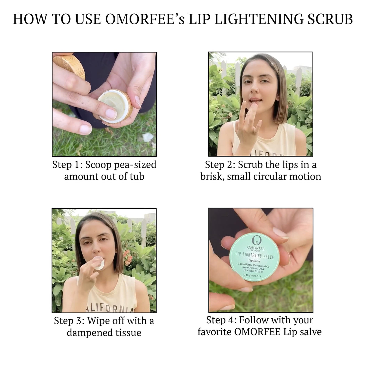 Omorfee Lip Lightening Scrub texture close-up with microcrystalline beads for gentle exfoliation.