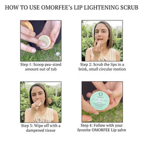 Omorfee Lip Lightening Scrub texture close-up with microcrystalline beads for gentle exfoliation.