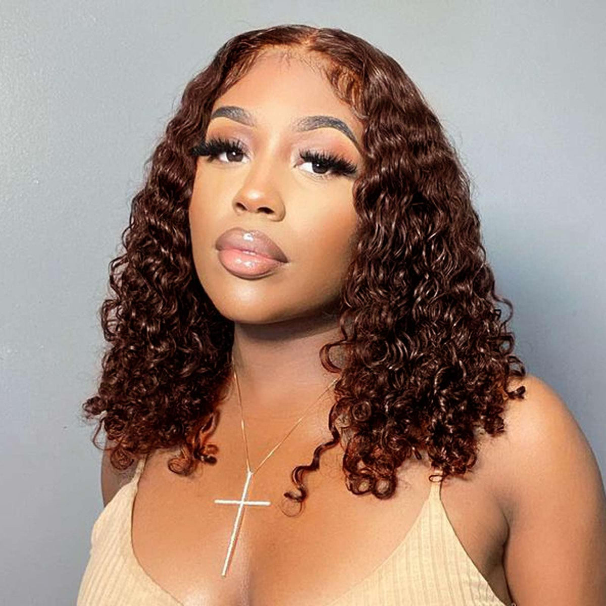 Omswet curly bob wig in chocolate brown with a 14-inch closure for natural deep waves