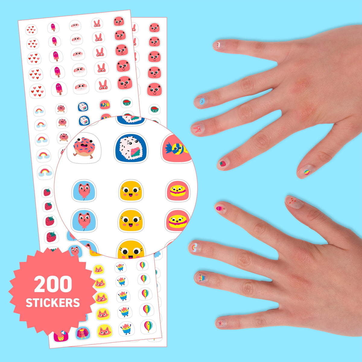 Omy kawaii designs add vibrant colors for playful nail accents.