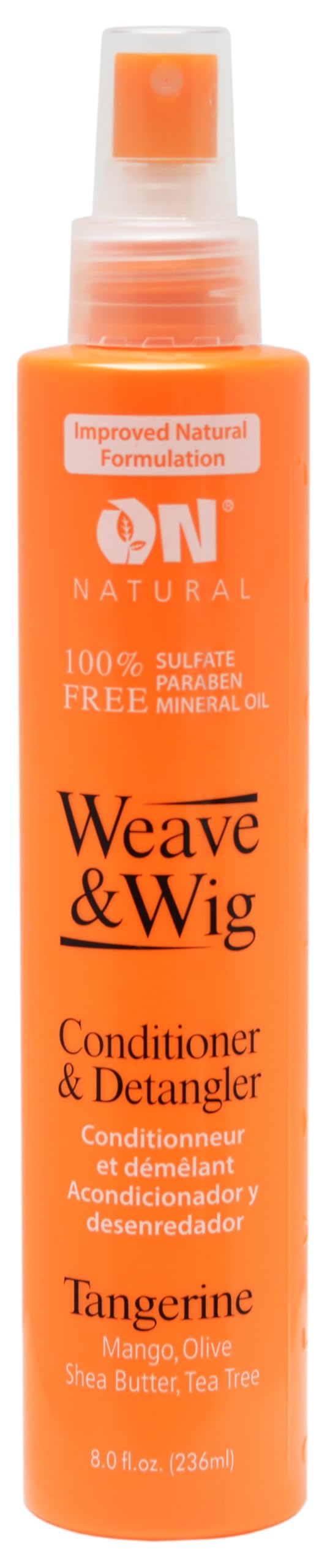 On Natural Weave & Wig Spray Tangerine bottle detangles and conditions for all hair types.