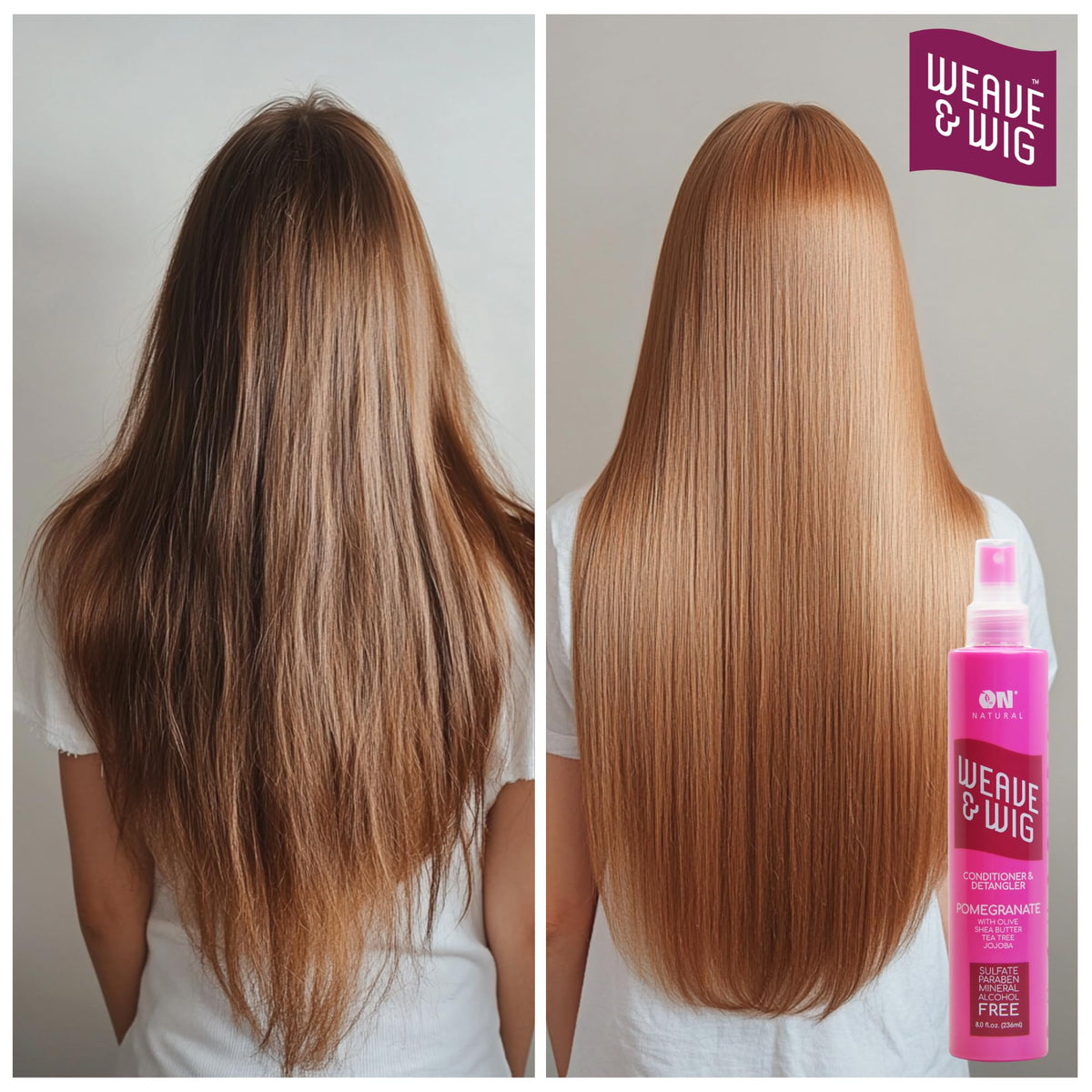 On Natural Weave Spray hair with soft shine and tangle-free appearance.