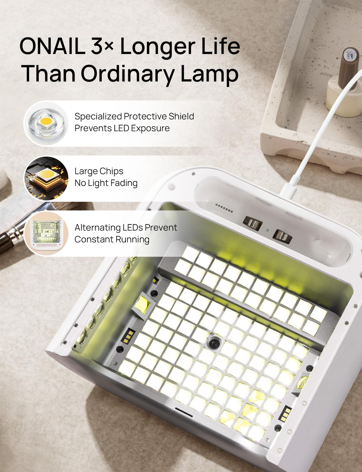 Onail AI UV LED nail lamp side view highlights ergonomic, compact design