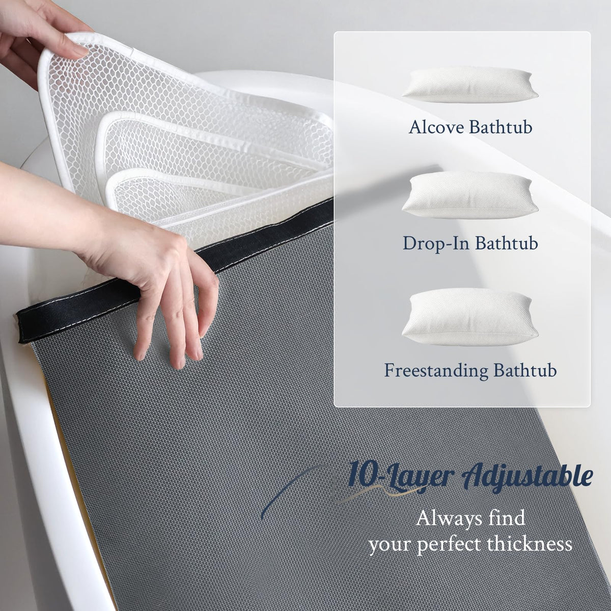 ONDAQUA Luxury Bathtub Pillow adjustable thickness fits various tub shapes.