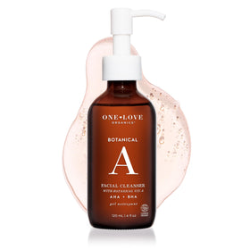 One Love Organics Botanical A Cleanser bottle shows gentle exfoliation for smoother skin