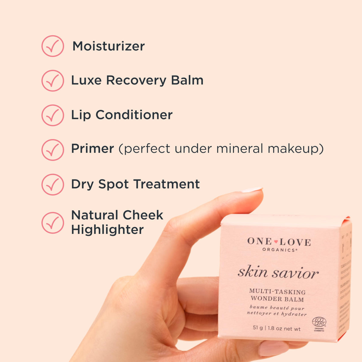 One Love Organics Skin Savior cruelty-free and fragrance-free certification label