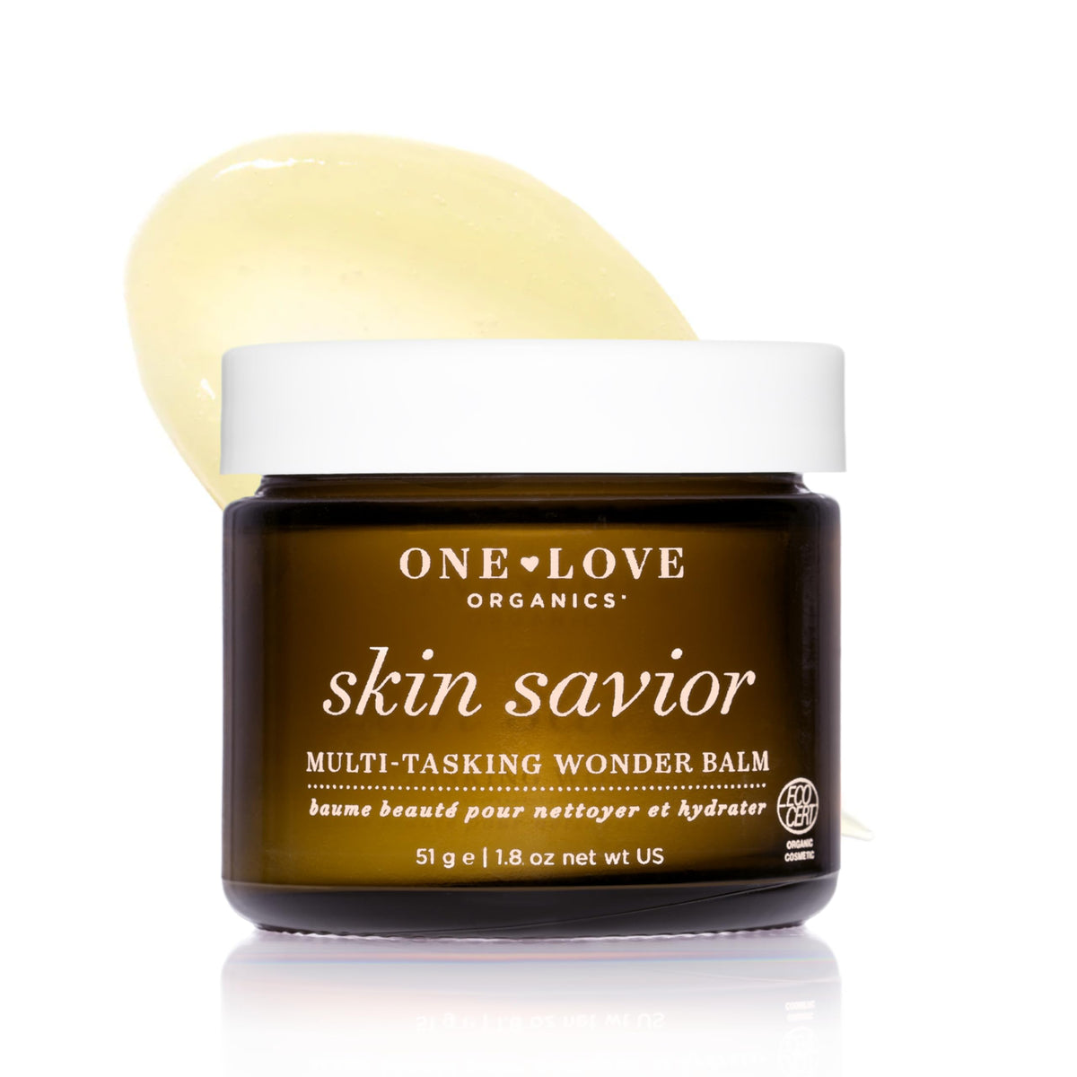 One Love Organics Skin Savior jar front view showing organic, cruelty-free moisturizer