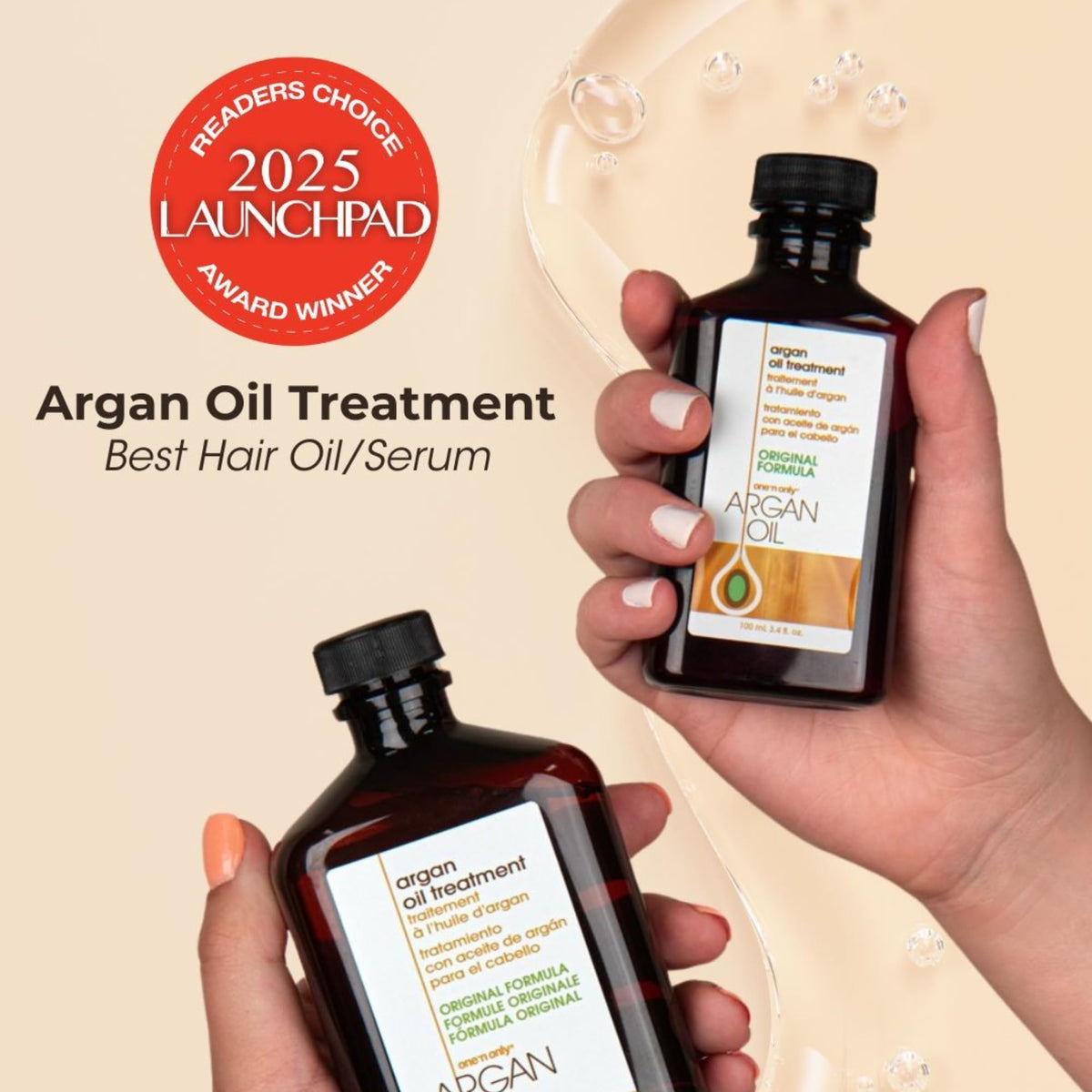 One 'N Only Argan Oil Hair Treatment dispense closeup highlighting even application