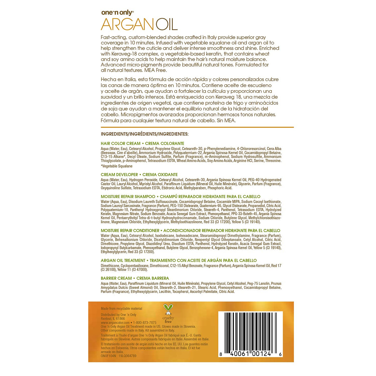 One 'N Only Fast 10 color kit with argan oil supports moisture during color.