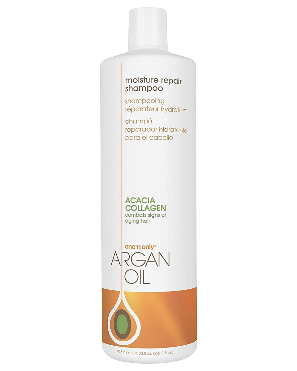 One 'N Only Moisture Repair Shampoo bottle showing hydration for dry hair