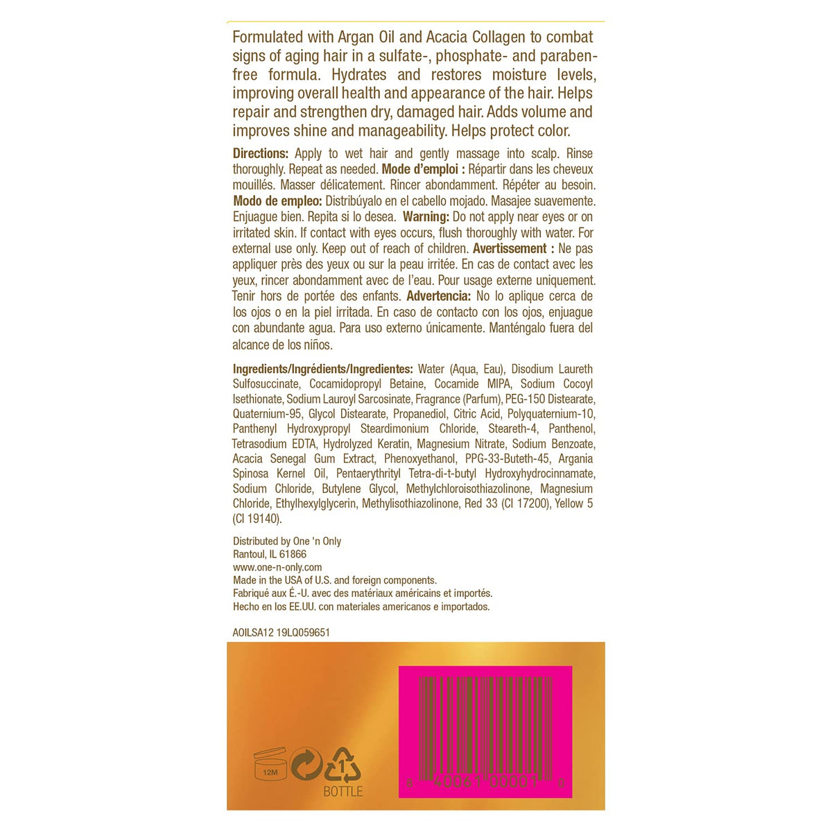One 'N Only Moisture Repair Shampoo label close-up highlighting color-safe formula