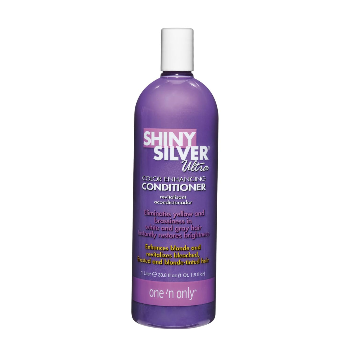 One 'N Only shiny silver conditioner bottle neutralizes yellow tones for cooler blonde shades.