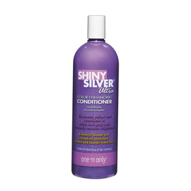 One 'N Only shiny silver conditioner bottle neutralizes yellow tones for cooler blonde shades.