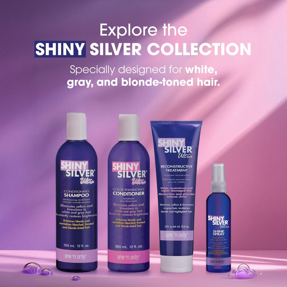 One 'N Only Shiny Silver Purple duo set on a bathroom shelf ready for routine care