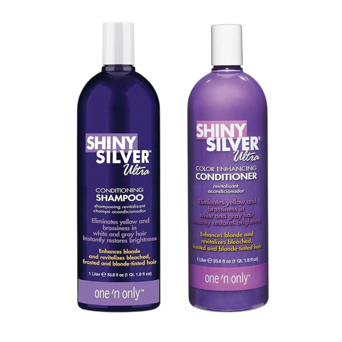 One 'N Only Shiny Silver Purple shampoo bottle closeup showing argan oil benefits for brassy hair