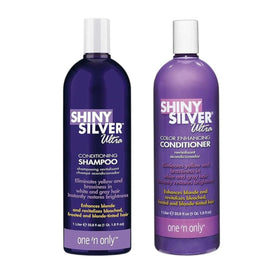 One 'N Only Shiny Silver Purple shampoo bottle closeup showing argan oil benefits for brassy hair