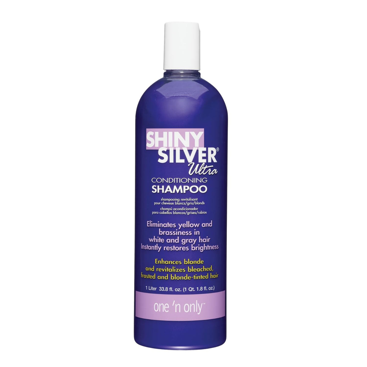 One 'N Only Shiny Silver Purple Shampoo bottle highlights argan oil for softness.