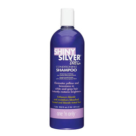 One 'N Only Shiny Silver Purple Shampoo bottle highlights argan oil for softness.