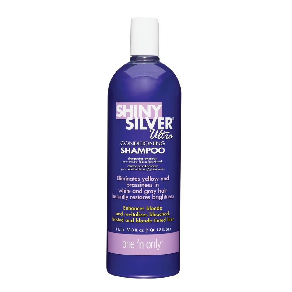 One 'N Only Shiny Silver Purple Shampoo bottle highlights argan oil for softness.