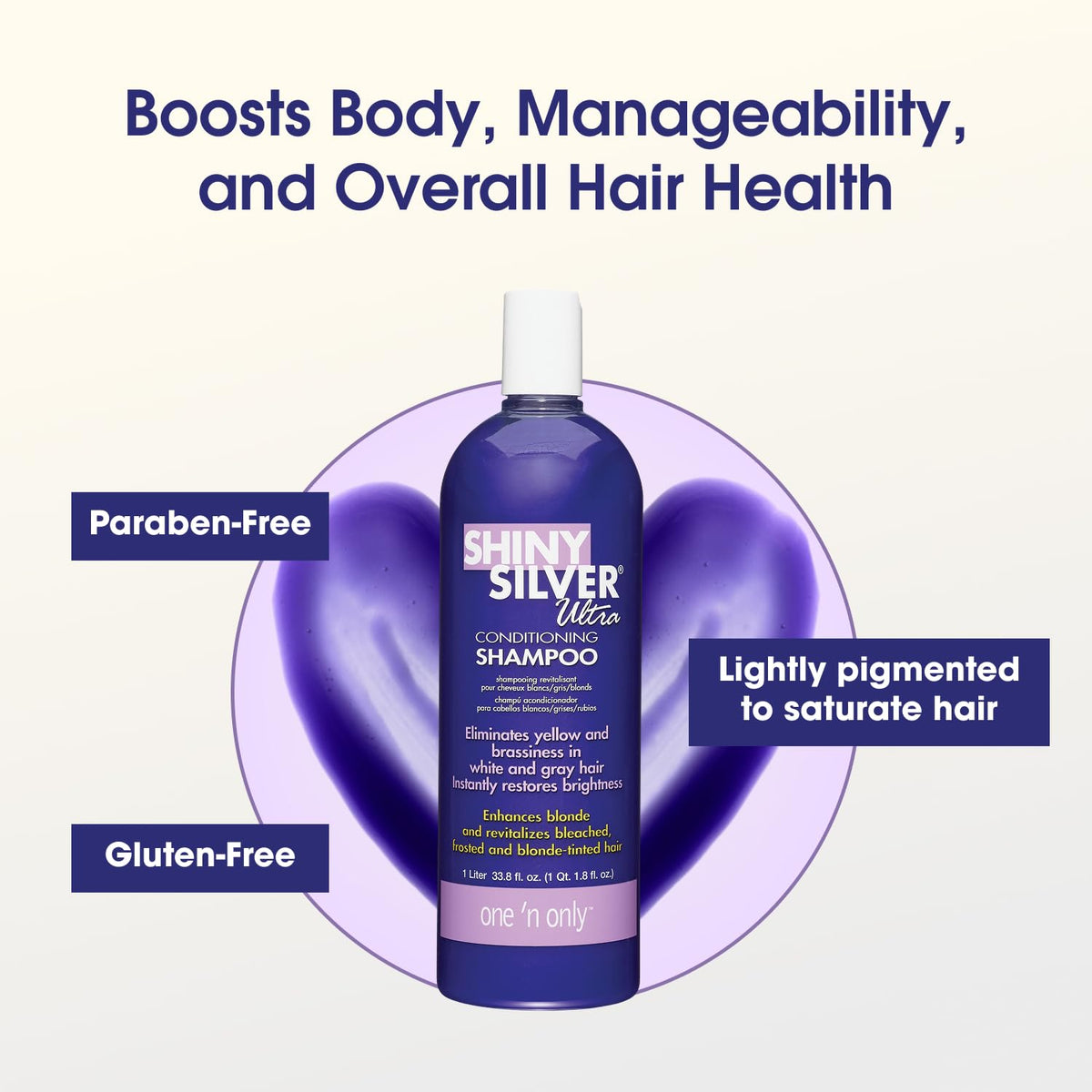 One 'N Only Shiny Silver Purple Shampoo brassiness is reduced for cooler tones.