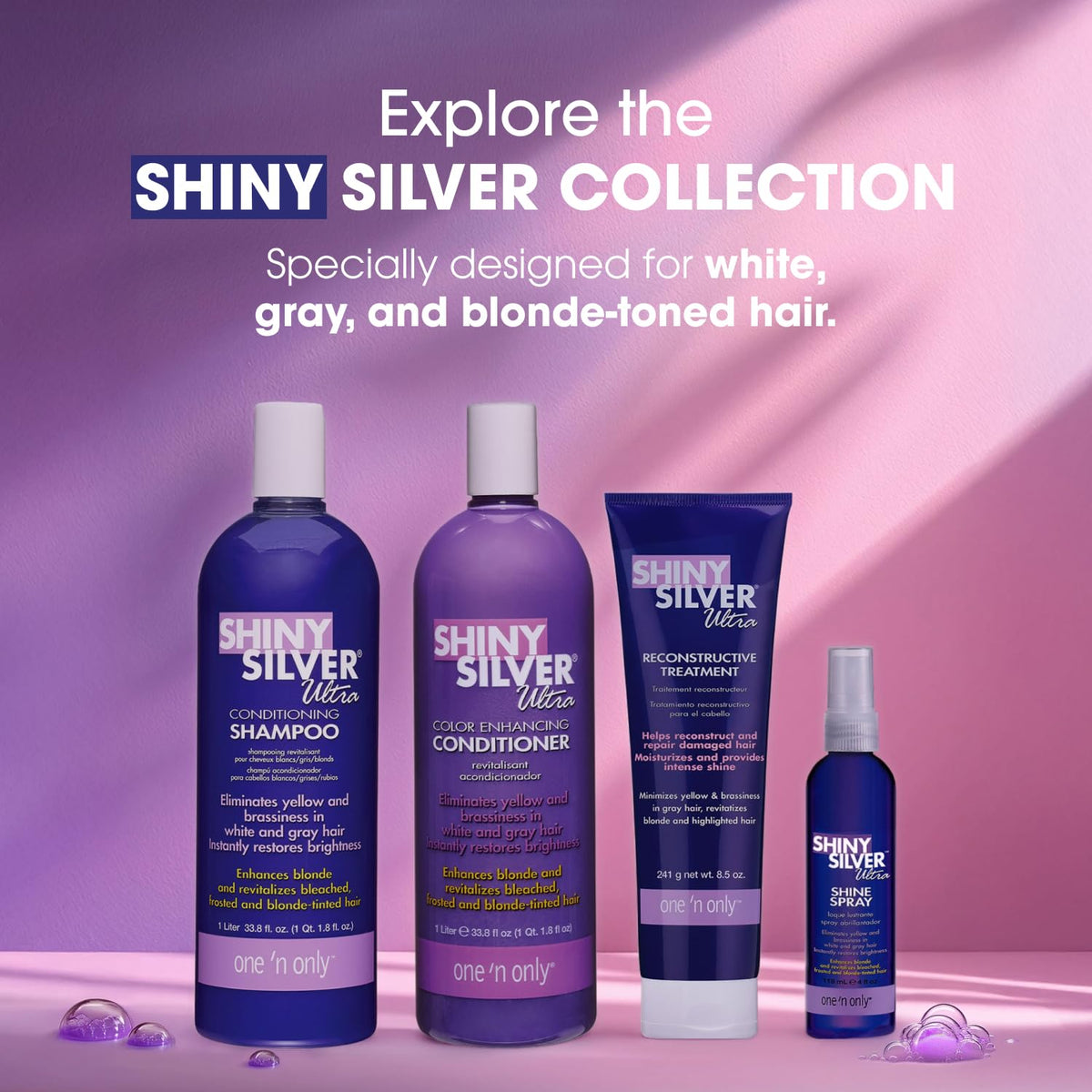 One 'N Only Shiny Silver Purple Shampoo bottle close-up shows premium design.