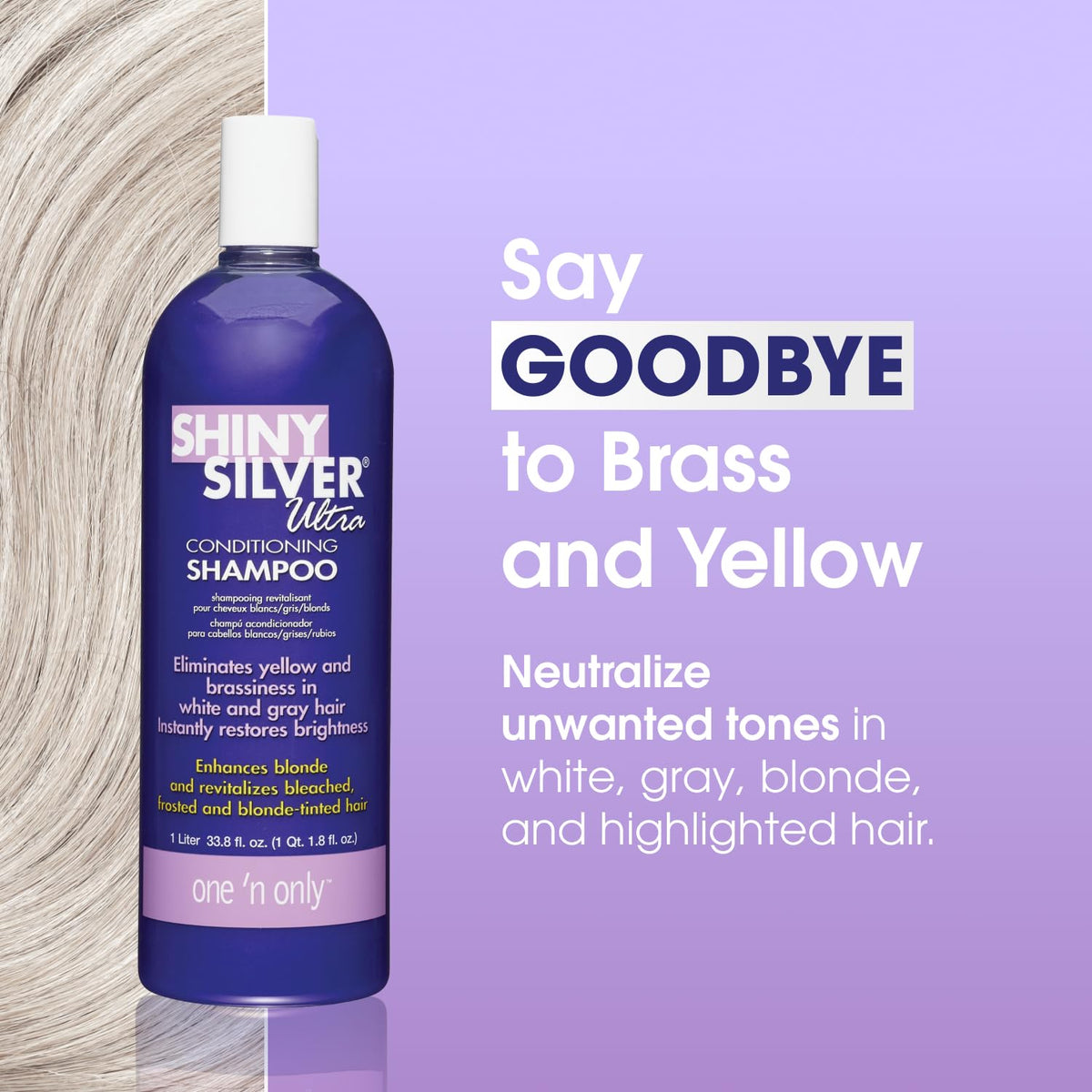 One 'N Only Shiny Silver Purple Shampoo pour demonstrates purple-toning action.