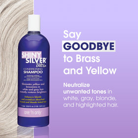One 'N Only Shiny Silver Purple Shampoo pour demonstrates purple-toning action.
