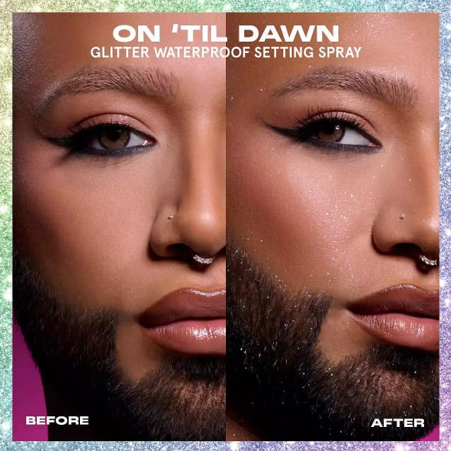 One Size On 'Til Dawn close-up shows rainbow glitter for festival-ready glow.