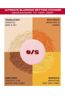 Close-up of One Size soft-focus powders blurring pores and texture