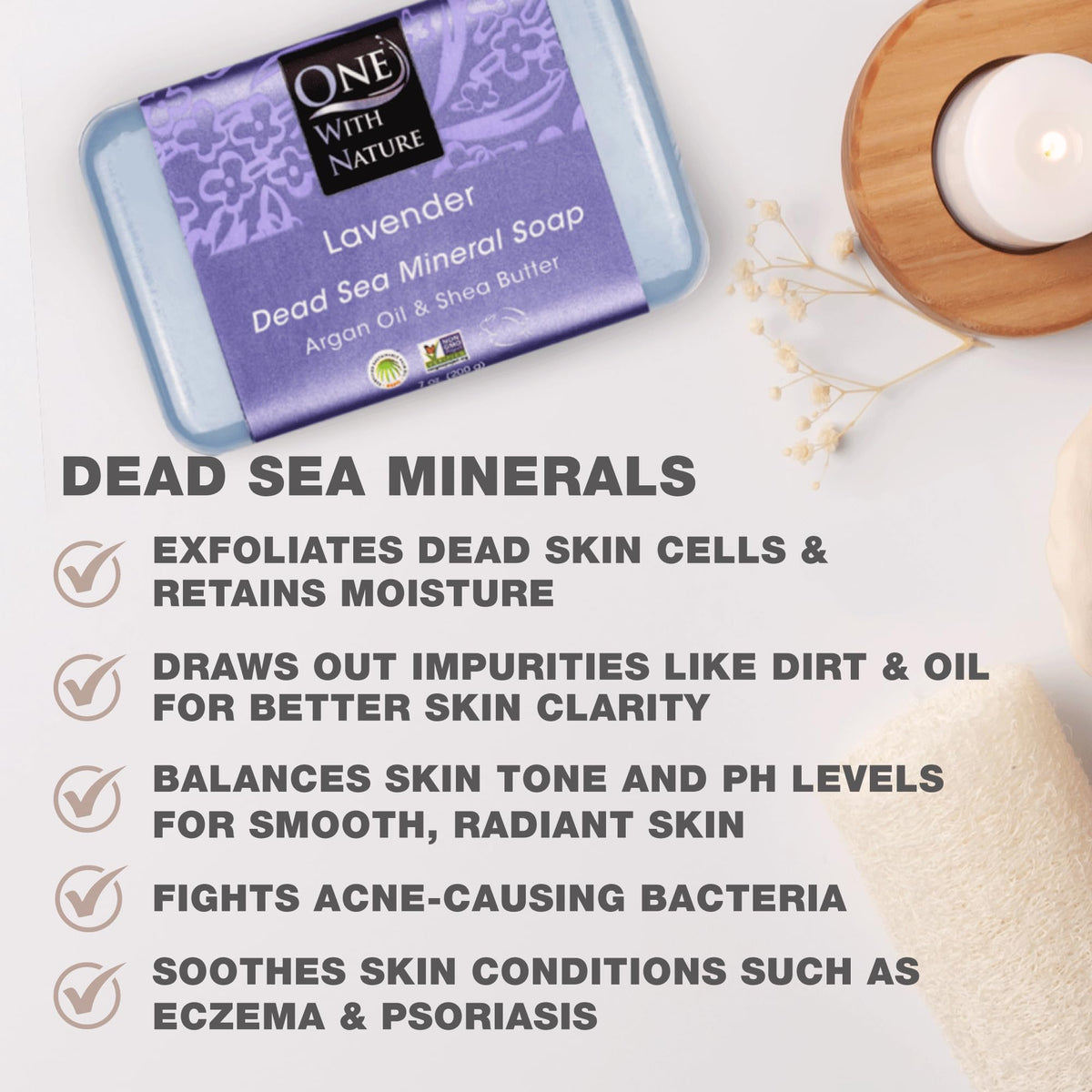 One With Nature Dead Sea minerals visual highlighting magnesium, potassium, sulfur for skin balance.
