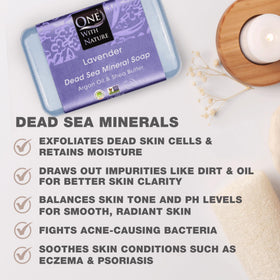 One With Nature Dead Sea minerals visual highlighting magnesium, potassium, sulfur for skin balance.