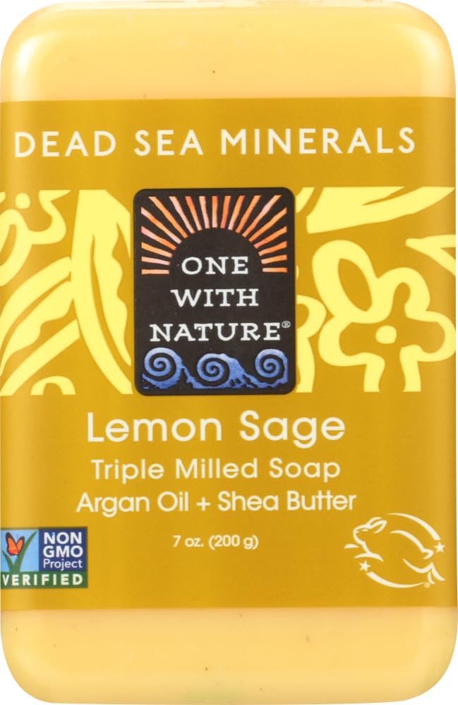 One With Nature Dead Sea Mineral Soap Lemon Sage bar front, moisturizing minerals for dry skin
