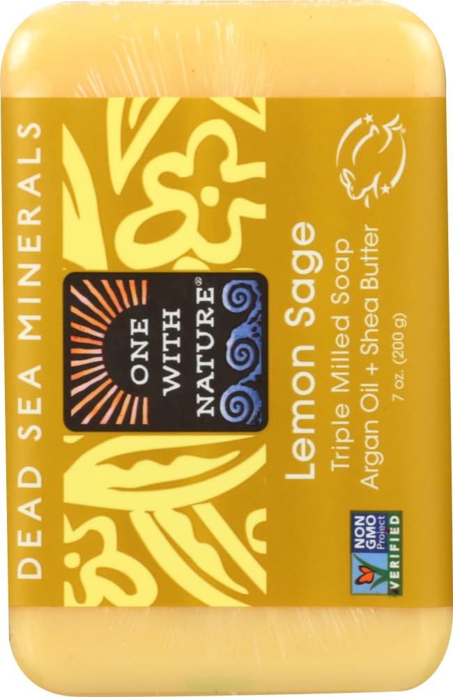 One With Nature Dead Sea Mineral Soap Lemon Sage six-pack on display, naturally scented with essential oils