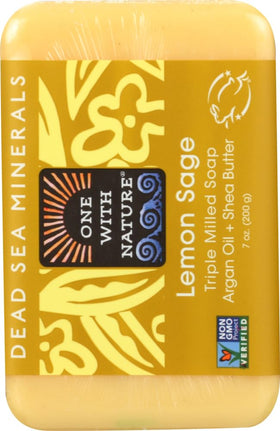 One With Nature Dead Sea Mineral Soap Lemon Sage six-pack on display, naturally scented with essential oils