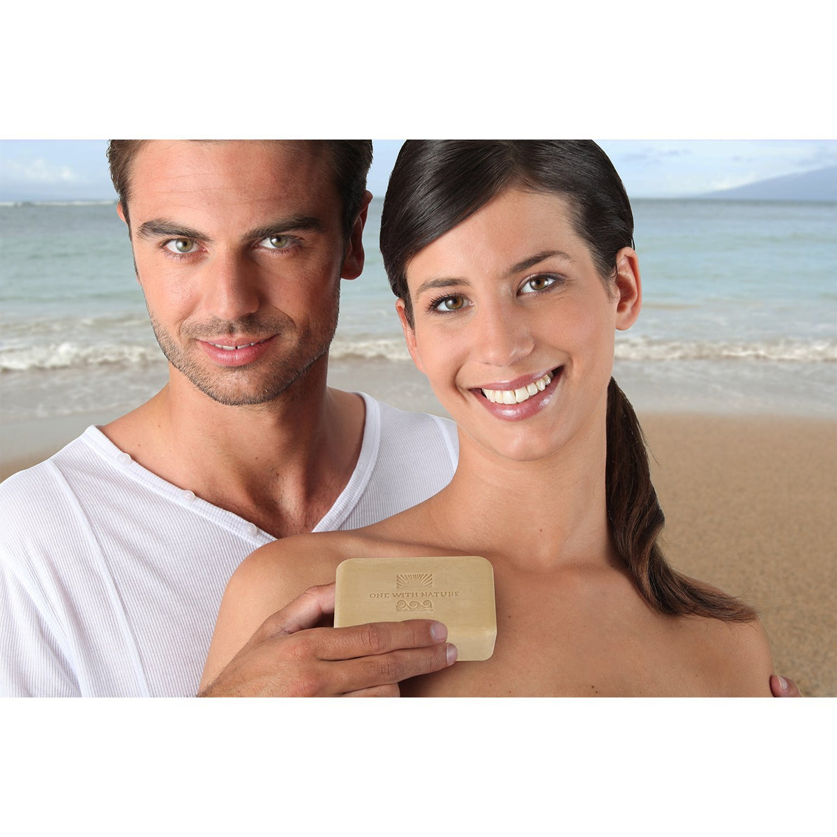 One With Nature Dead Sea minerals texture closeup highlighting triple milled smoothness.