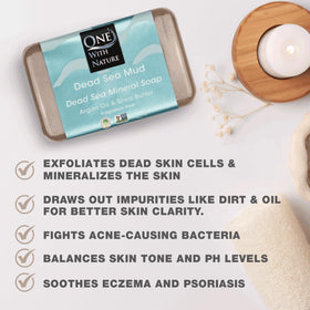 One With Nature Dead Sea Mud Soap bars close-up shows textured mud for exfoliation.