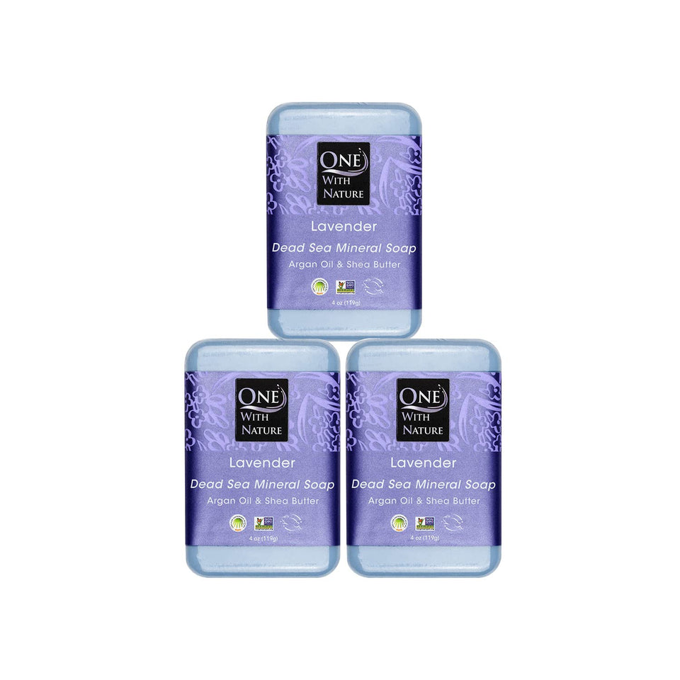 One With Nature Dead Sea Salt Lavender Soap 3-pack front view for daily exfoliation.